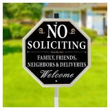 Qimshemi No Soliciting Sign for House with Stake, 10 x 10 Inches No Soliciting Yard Sign with 28 Inch Long Stake, Metal Aluminum No Soliciting Signs for Home, Polite No Soliciting Sign for House Funny