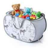 Seefoo Foldable Toy Storage Basket with Zipper Lid & Handles - Collapsible Stuffed Animal Organizer Bin, Space-Saving Lightweight Toy Chest for Baby, Kids, Nursery, Living Room - Animal Print, Gray - 