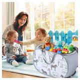 Seefoo Foldable Toy Storage Basket with Zipper Lid & Handles - Collapsible Stuffed Animal Organizer Bin, Space-Saving Lightweight Toy Chest for Baby, Kids, Nursery, Living Room - Animal Print, Gray - 