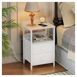 Furologee End Table with Charging Station, Nightstand with Fabric Drawers, Side Tables with USB Ports & Outlets, Night Stand with Storage Shelf & Hooks, for Living Room/Bedroom, White - Retail: $46