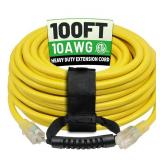 POWGRN 100 Ft 10AWG Outdoor Extension Cord Waterproof Heavy Duty, 3 Prong Flexible Cold-Resistant Long Power Cord Outside with Lighted Indicator End, 15Amp 1875W SJTW, Yellow ETL - Retail: $70
