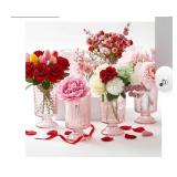 6 Pcs (H:7" W:4") Embossed Flower Vase Pedestal Glass Vase Big Base Thickened Crystal Vintage Vases for Valentines Day Wedding Home Decor Table Centerpiece House Warming