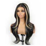 cuiud Skunk Stripe Wig Glueless Lace Front Wigs Pre Plucked Synthetic Layered Wave Black and Blond wig 13x4 Wear and Go Wig for Black Women Beginner Friendly - Retail: $44