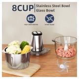 Electric Food Processor Vegetable Chopper, Kitchen Aid Easy Clean Meat Grinder with 2 Bowls (8 Cup Stainless Steel+8 Cup Glass), Small Food Mixer for Fruits/Meat/Nuts/Fish/Vegetable/Pet Food/Baby Food