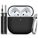 Ljusmicker for AirPods 4 Case 2024 with Cleaner Kit,Soft Silicone Protective Cover for Apple AirPods 4th Generation Cases for Women Men,AirPod 4 Case Accessories with Keychain-Black