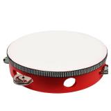 Moicstiy 8 Inch Wooden Round Tambourine, Red Single Row Tambourine with Metal Jingles, Hand Held Percussion Musical Instrument for KTV, Party, Church Educational Toy (1 Pcs)