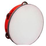 Moicstiy 8 Inch Wooden Round Tambourine, Red Single Row Tambourine with Metal Jingles, Hand Held Percussion Musical Instrument for KTV, Party, Church Educational Toy (1 Pcs)