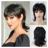 StrRid Short Black Shaggy Layered 80s Mullet Pixie Wig with Bangs Wolf Cut Curly Synthetic Natural Funny Adult Fake Fun Hair Replacement Wigs for White Women Daily Party Cosplay Costume Halloween Use