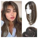 HVVZOY Hair Toppers for Women with Thinning Hair, 360° 3D Toppers Hair Pieces for Women Side Part Clip in Bangs 18 Inch Curly Wavy (Dark brown mixed with white and light brown, 3D Side Bangs)