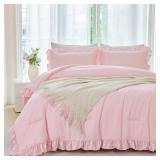 ANGIYUIN Pink Girls Comforter Sets Full Size 5 Pieces Shabby Chic Ruffle Kids Bed in A Bag with Sheets Farmhouse Soft Fluffy Bedding Comforter Sets with Pillowcases(Pink Full)