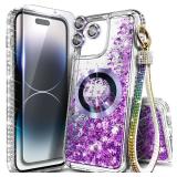 NGB Designed for iPhone 14 Pro-Max Case, Purple | Magnetic Compatible with MagSafe | Glitter Liquid Sparkle Cute Cover for Women Girls | with Screen Protector & Wrist Strap