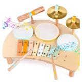 Kids Drum Set, Montessori Musical Instruments for Toddlers 1-3, Wooden Musical Toys for Babies, Preschool Educational Baby Drum Kit with Xylophone, Birthday Gift for Boys Girls