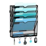 JMHUD 5 Tier Wall File Organizer - Hanging File Organizer with 5 Hooks, Mail Holder Wall Mounted for Papers, Folders, Magazines, Bills, Office&School Organization, Black