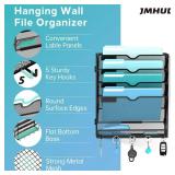 JMHUD 5 Tier Wall File Organizer - Hanging File Organizer with 5 Hooks, Mail Holder Wall Mounted for Papers, Folders, Magazines, Bills, Office&School Organization, Black