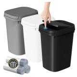 KSSKSS 3 Pack Bathroom Small Trash Can with Lid, 2.6 Gallon Slim Garbage Bin with Pop-Up Lid, 10L Plastic Wastebasket for Bedroom, Office, Kitchen, Toilet (Three Colors)