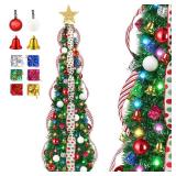 HUUIDY 5 FT Collapsible Pop Up Christmas Tree, Pre Lit Pencil Christmas Tree with Multi Color Change Lights and DIY 63 Ornaments, Pre Decorated Artificial Tree with Xmas Decor Home Indoor Party