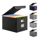 Hleelomi Collapsible File Box with Lid & Plastic Slide - Hanging Document Organizer for Office/Home, 14.96x12.6x10.83 Inch,Decorative Home File Bin,Black, 1 Pack (No Folders Included)