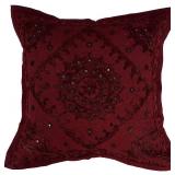 Indian Ethnic Cotton Maroon Mirror Embroidered Cushion Cover Throw Pillow Cases Decorative Pillows Cover Bohemian 16x16 Inches