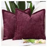 MADIZZ Chenille Velvet Throw Pillow Covers with Flange Set of 2 Super Soft Boho Textured Pillow Covers Decorative Throw Pillowcases Modern Farmhouse Home Decor for Sofa Bedroom Burgundy 24x24 Inch