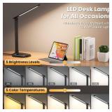 Desk Lamp with Charger, 10%-100% Stepless Dimmable & 5 Color Modes Study Lamp, Touch Control, 30-/60-minute Timer, USB Charging Output Port