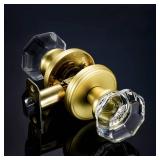 CLCTK Octagon Crystal Glass Door Knobs Gold Door Knob, Passage Function Interior Door Knobs for Hall Closet, Satin Brass Finish
