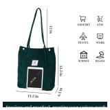 Corduroy Tote Bag Cute Tote Bags for Women Shoulder Bag with Inner Pocket for Work Beach Travel and Shopping Grocery (Dark Green)