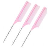 3 Packs 9 Inch Rat Tail Comb Carbon Fiber Heat Resistant Teasing Comb with Metal Pick Styling Parting Lightweight Sectioning Fine Tooth Combs for Women Girls