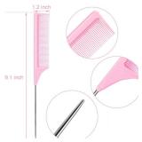 3 Packs 9 Inch Rat Tail Comb Carbon Fiber Heat Resistant Teasing Comb with Metal Pick Styling Parting Lightweight Sectioning Fine Tooth Combs for Women Girls