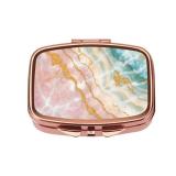 Dynippy Pill Case Pill Box with Mirror Retro Pocket 2 Compartment Medicine Case Vitamin Pill Organizer for Pocket Purse and Travel - Rose Gold-Marble Veins
