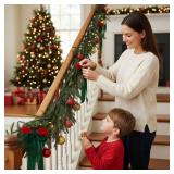 Syhood 12 ft (2 Pcs 6 ft) Pre Lit Christmas Norfolk Pine Garland with Lights 24 Christmas Ball Ornament 4 Large Velvet Bow Battery Operated Xmas Real Touch Garland for Mantle Fireplace Home Decoration