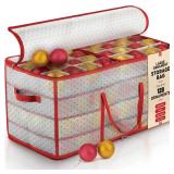 Plastic Large Christmas Ornament Storage Box with Adjustable Dividers, Organizer Holds 128 Large 3 Ornaments, Balls, Figurines Waterproof Holiday Decoration Container, Dual Zipper, Reinforced Handles