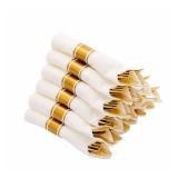 N9R 50 Pack Pre Rolled Gold Plastic Cutlery Set, Wrapped Plastic Silverware Set with 50 Forks, 50 Knives, 50 Spoons and 50 Napkins, Disposable Cutlery Set for Party and Wedding