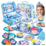 Hohosunlar Tea Party Set for Little Girls Toys, Princess Tin Tea Set for Kids with Teapot, Tea Cups, Play Food Dessert, Jewelry & Carrying Case, Christmas Birthday Gift for Girls 3 4 5 6 7 8 Year Old