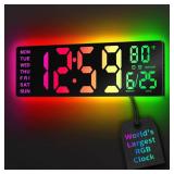 EASYERA 16.5 Large Digital Wall Clock with BT Sync, RGB Lights with 11 Scenes Mode Remote Control, Dual Alarms with Big LED Display, Auto DST, Temperature for Classroom Gaming