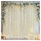 10x8ft Ivory Tulle Backdrop Curtain with Lights String for Parites, Sheer Backdrop Curtains for Wedding Baby Shower Birthday Party Photo Shoot Decorations