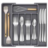 Lifewit Silverware Drawer Organizer, Expandable Utensil Tray for Kitchen, BPA Free Flatware and Cutlery Holder, Adjustable Plastic Storage for Spoons Forks Knives, 8.5-14 x 12\", Dark Gray - Retail: $