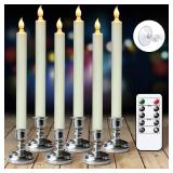 Eldnacele Flameless Battery Operated Flickering Taper Candles with Remote Timer, LED Window Candles with Suction Cups, Set of 6 Silver Holders for Party Home Christmas Decoration - Retail: $13