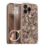 GVIEWIN for iPhone 16 Pro Max Case Compatible with MagSafe, [Military Grade Protection] [Screen Protector] Full Camera Protection Floral Translucent Women Magnetic Phone Case, Apricot Blossom/Brown - 