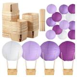 Namalu 24 Set Hot Air Balloon Centerpieces Paper Lanterns Wooden Candy Boxes with Sticks DIY Craft for Baby Shower Wedding Bachelorette Birthday Party Table Decoration(White, Purple Series) - Retail: 