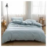 FACE TWO FACE Bedding Duvet Cover Set100% Washed Cotton Duvet Cover Linen Like Textured Breathable Durable Soft Comfy(Full, Light Blue) - Retail: $36