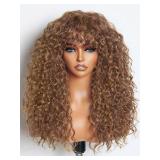 GORGIUS Veralux Blend Human Hair Curly Wig with Bangs Cinnamon Brown Shaggy Curl Glueless Bang Wig with True Scalp Upgraded with Natural Human-Hair-Like Premium Synthetic Fiber - Retail: $60