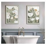 CANVAS POSTER ONLY,NO FRAME 2 Pcs Boho Wildflowers Canvas Wall Art Green Bohemia Abstract Floral Botanical Painting Picture Wall Decor Poster Print Artwork for Living Room Bedroom Bathroom Home Decora