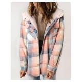 Dokotoo Fashion 2025 Winter Clothing for Women Plaid Shacket Jacket Women Sherpa Lined Fleece Fur Hooded Button Up Long sleeve Flannel Shirts Fluffy Warm Thick Oversized Outwear Coat Pockets Pink M - 