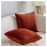 Kevin Textile Set of 2 Fall 24x24 Pillow Covers Striped Textured Velvet Corduroy Decorative Europe Sham Couch Throw Pillow Cushion Cover for Seasonal Autumn, (60x60 cm), Burnt Brick - Retail: $23