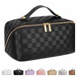 ALEXTINA Large Capacity Travel Cosmetic Bag - Portable Makeup Bags for Women Travel Toiletry Bag Waterproof Leather Checkered Makeup Organizer Bag, Roomy Cosmetic Bag for Women and Girls, Black - Reta