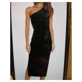 One Shoulder Side Split Midi Dress Black Medium