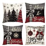 AVOIN Colorlife Merry Christmas Joy Xmas Trees Red Throw Pillow Covers, 16 x 16 Inch Christmas Winter Holiday Cushion Case Decoration for Sofa Couch Set of 4