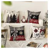 AVOIN Colorlife Merry Christmas Joy Xmas Trees Red Throw Pillow Covers, 16 x 16 Inch Christmas Winter Holiday Cushion Case Decoration for Sofa Couch Set of 4