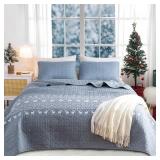HENGWEI Christmas Blue Snowflakes Quilt Set King Size - Lightweight Microfiber Quilts Reversible Bedspreads 3 Pieces,Snowflake White Elk Coverlets Set(Includes 1 Quilt, 2 Pillow Shams)