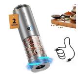 CIRCLE JOY Electric Pepper Grinder Stainless Steel Rechargeable Pepper Mill with Variable Grinding Speed, External Adjustable Coarseness, 95ml Container and White LED Light, Silver